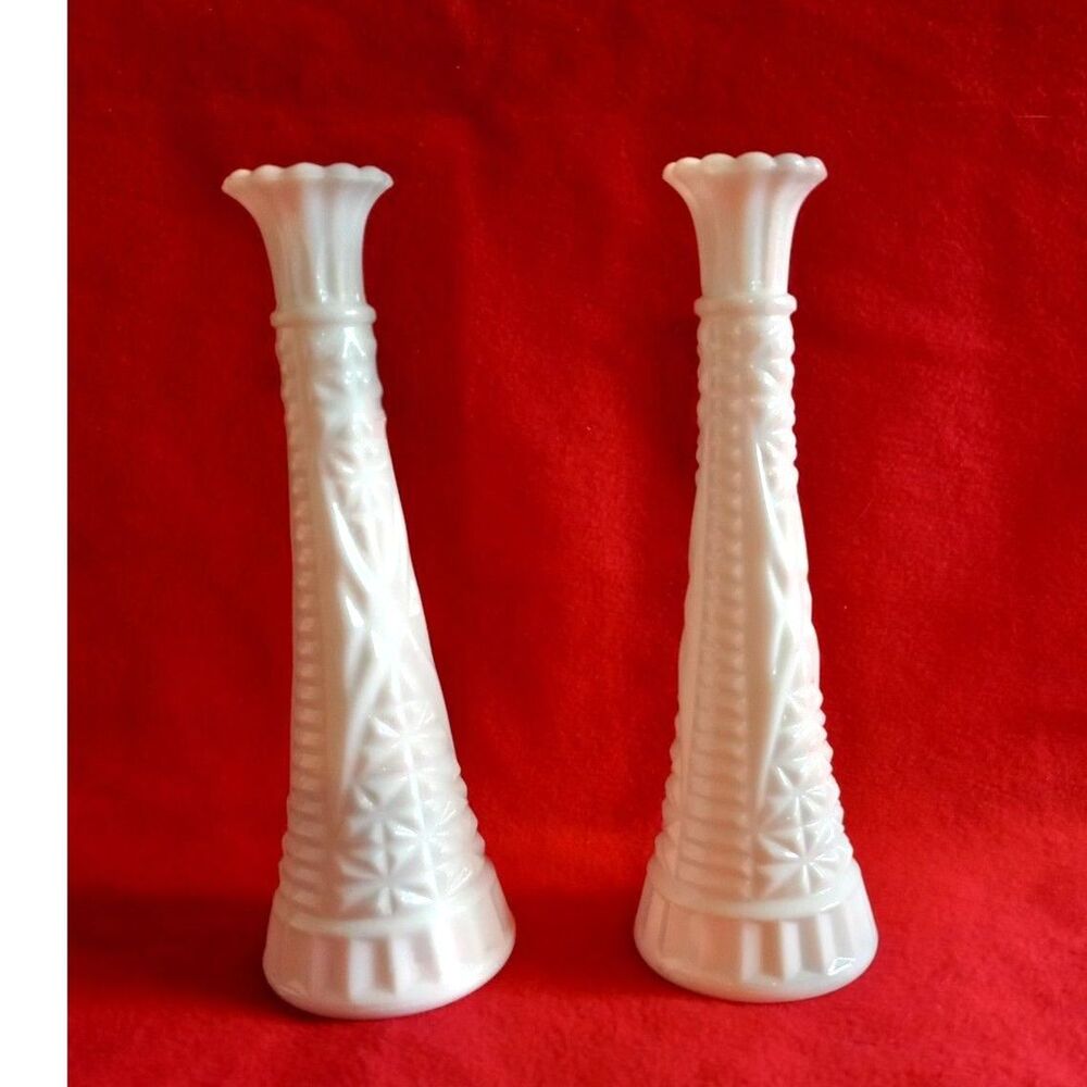 Pair of 9" Anchor Hocking Milk Glass Stars & Bars Pattern Vases Vintage MCM